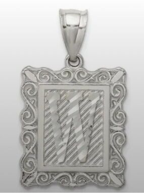 Sterling Silver Square Diamond-Cut Letter W Initial Pendant Postage Style NEW